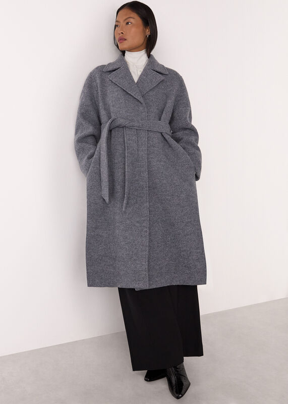 Grey Petite Long Belted Wool Coat